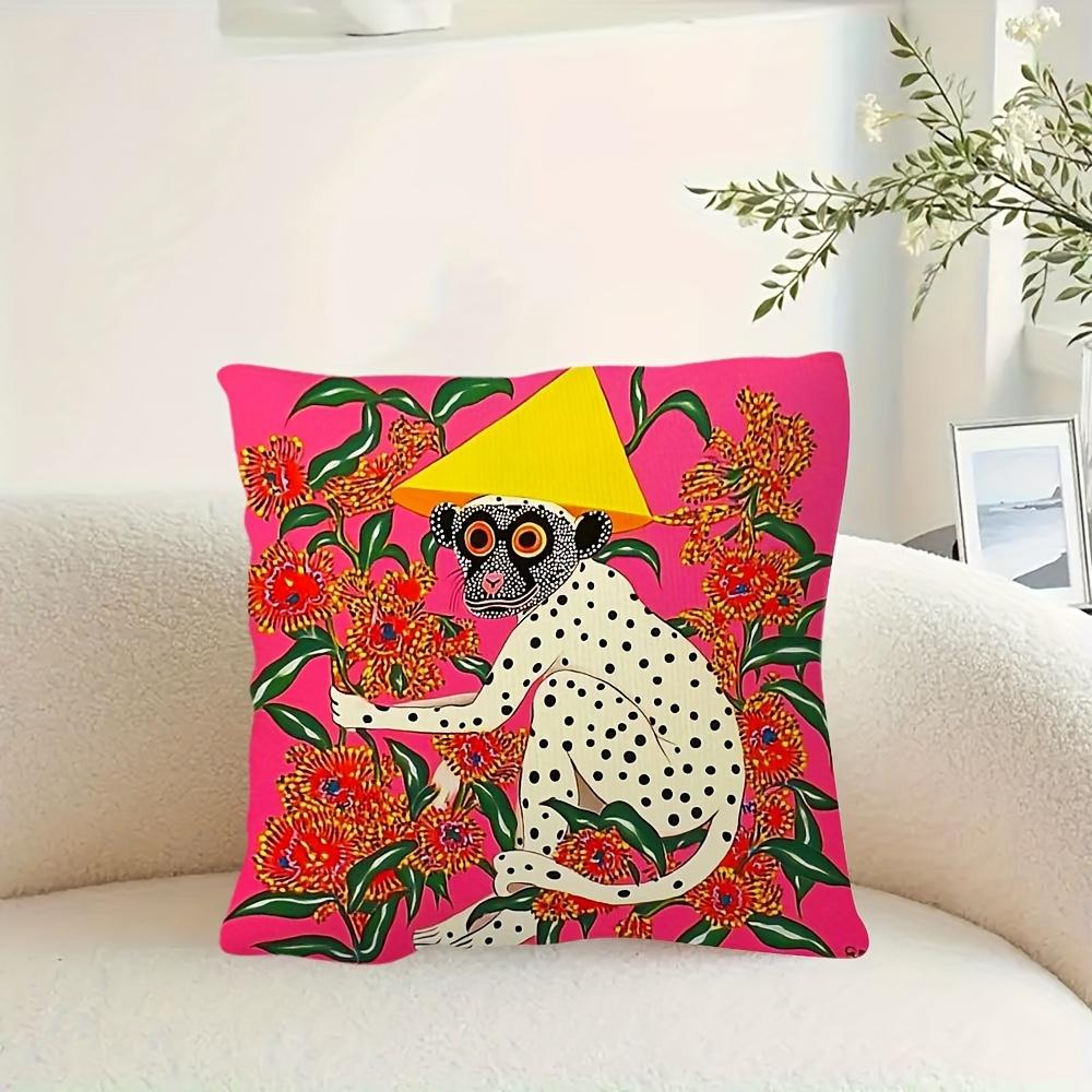 Pop Art Monkey Pillow 18×18" Zipper Cover — Spotted Monkey, Yellow Hat, Pink Floral, Machine Washable, Double-Sided