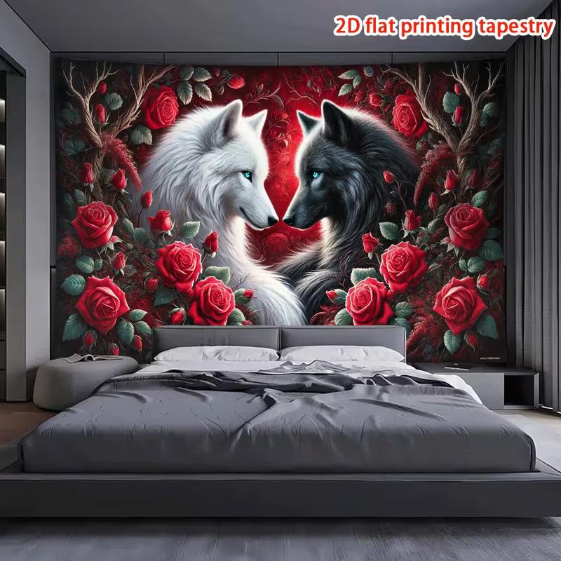 2D Gothic Wolf Couple Red Rose Tapestry Floral Wall Art Background Cloth