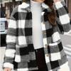 European American Women Checked Plush Coat Patch Pocket Versatile Long Sleeve Winter Fashion Casual Jacket
