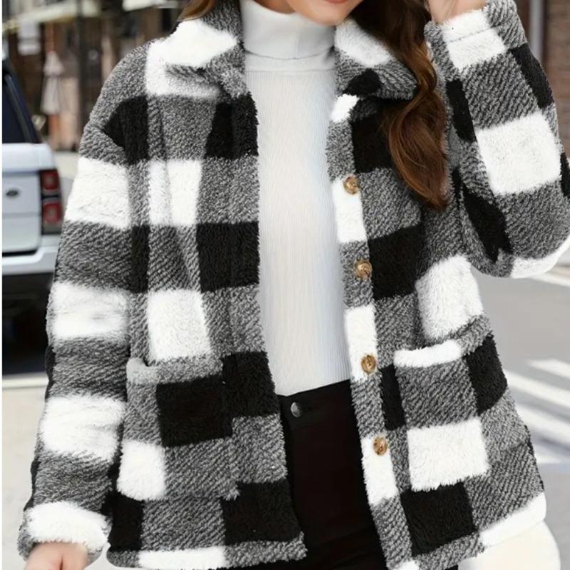 European American Women Checked Plush Coat Patch Pocket Versatile Long Sleeve Winter Fashion Casual Jacket