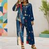 Women Plus Size Round Neck Long Sleeve Printed Top And Wide Leg Pants Two Piece Set