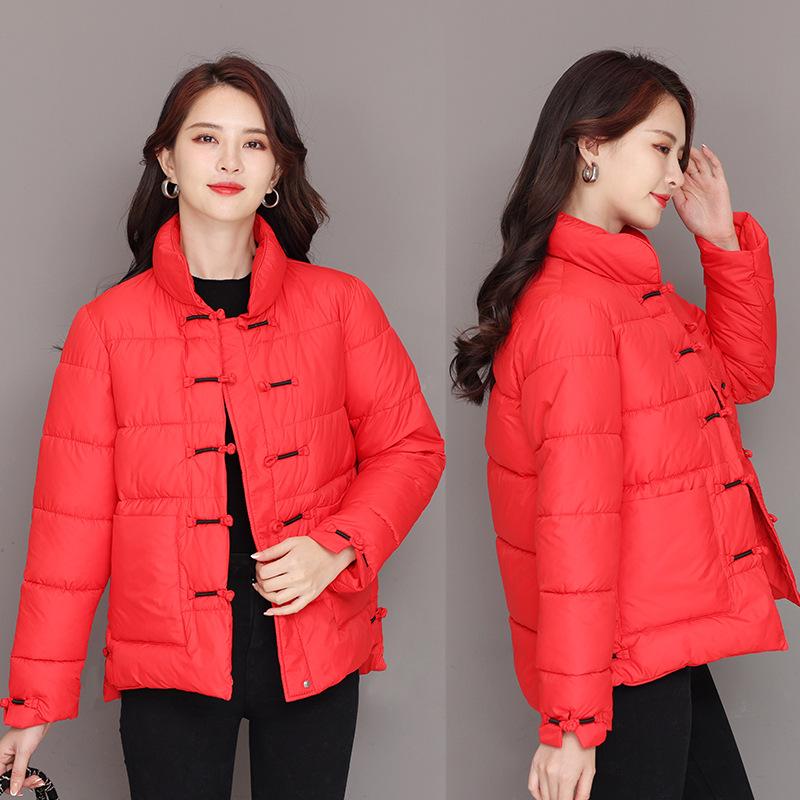 Retro literary stand-up collar buckle light thin down cotton jacket plus size women's loose thickened short cotton jacket