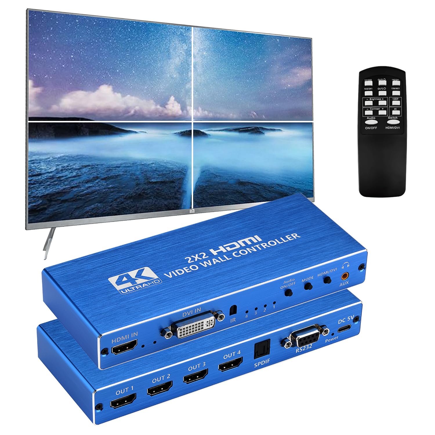 

2x2 HDMI Video Wall Controller 4K HD Display 1920x1080P 60Hz HDMI DVI RS232 Video Input 4 HDMI Outputs with Remote Border Rotation 8 Display Modes 4x1 синій
