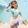 Girls High Neck Long Sleeve One Piece Swimsuit Printed Front Zip Skirt Hem