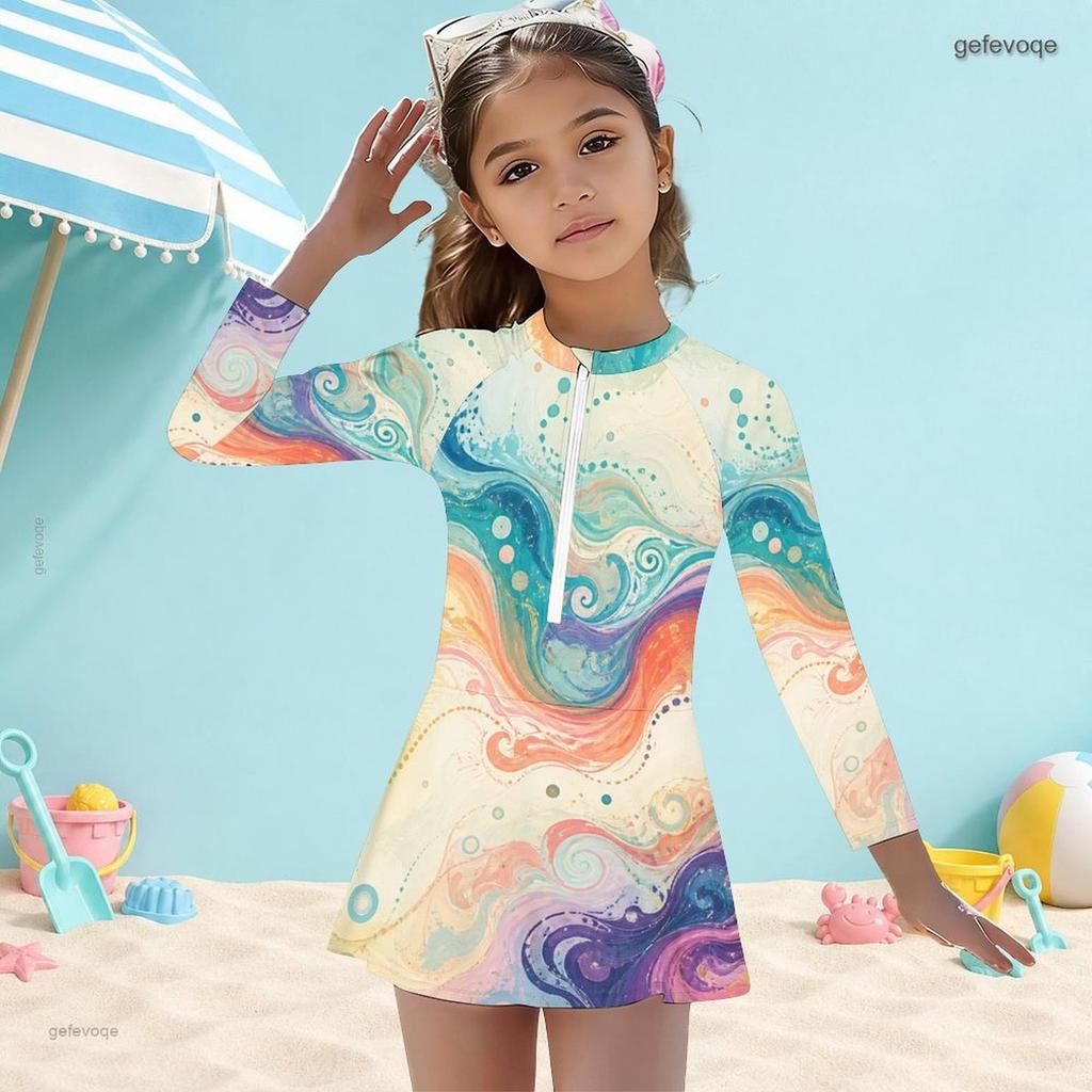 Girls High Neck Long Sleeve One Piece Swimsuit Printed Front Zip Skirt Hem
