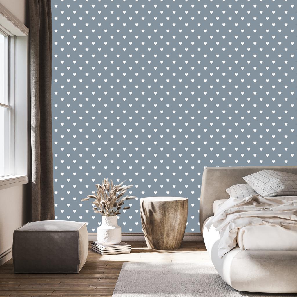 Heart Wallpaper Blue, Light Gray and White 50x1000