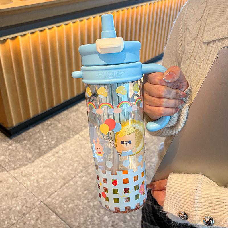 Water bottle summer double drinking cup straw cup large capacity ice cup high temperature resistant portable anti-drop sports water cup plastic cup