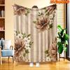 1pc 2D Flat Printing Spring & Summer New Arrival Vintage Brown Flower Green Leaf Striped Themed Digital Print Blanket, Suitable for All Seasons, Casua