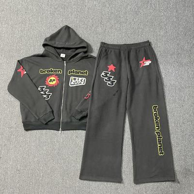 BROKEN PLANET Zipper Jacket & Hoodie Pants Set - Trendy American Streetwear with Foam Print Letter Design