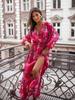 2024 Summer European & American Print V-neck Slit Dress with Long Sleeve & Waist Tie