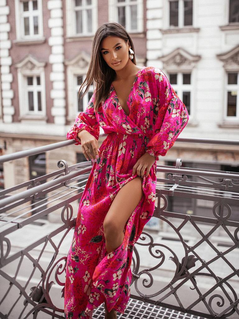 2024 Summer European & American Print V-neck Slit Dress with Long Sleeve & Waist Tie