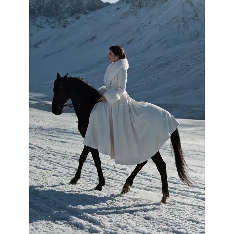 Women Wool Blend Coat Faux Fur Collar Cuffs Fitted Waist Flared Maxi Silhouette Outerwear Winter Elegant Street Overcoat