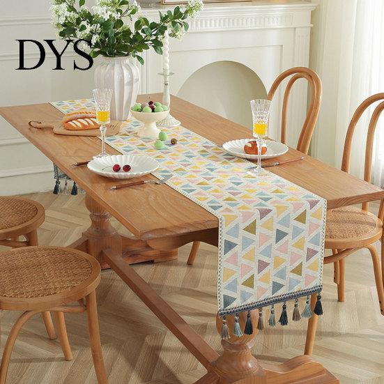 Jacquard Table Runner Geometric Runner, Colorful Triangles Vintage Floral Tassel Edge with Edges for Home Farmhouse Dining Decor Soft