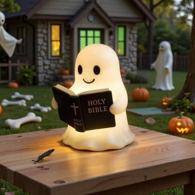 Ghost Bible Lamp Cute Ghost Reading Book Night Light 3D Resin Light Up Ghost Figurine Halloween Table Lamp for Bedroom Home Shelf Indoor Decor