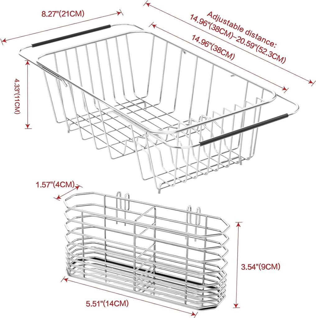 drainer Expandable 304 stainless steel metal dish drying rack organizer with stainless steel dish holder inside the sink In-sink rack. Adjustable.