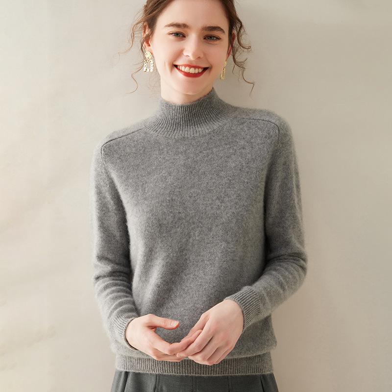 Women's Half High Neck Cashmere Sweater - Autumn/Winter Thick Solid Color Loose Fit with Saddle Shoulder Design.