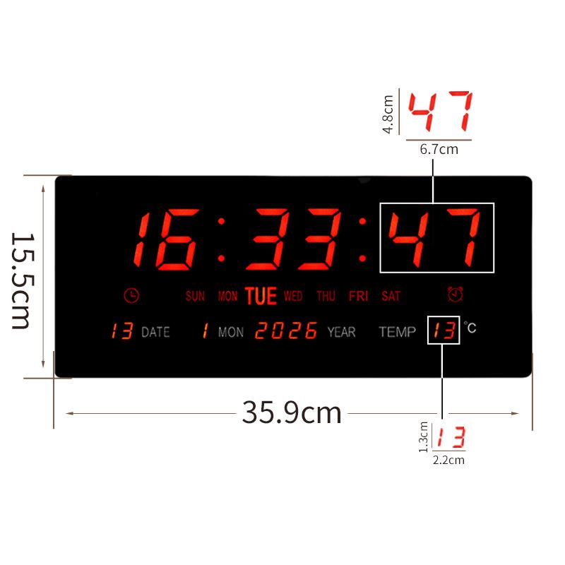 Large Wall-Mounted Digital LED English Calendar Clock with Temperature Display