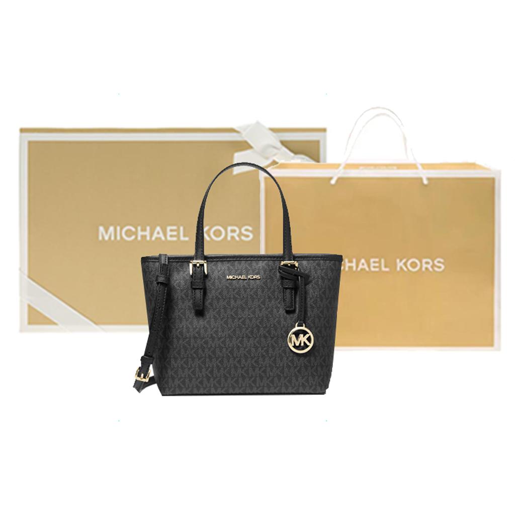 Michael Kors Mk Jet Set Travel Handtekening Logo Bedrukking Gecoat Canvas Tote Tas Dames Tote Tassen Zwart 35T9GTVT0B-BLACK