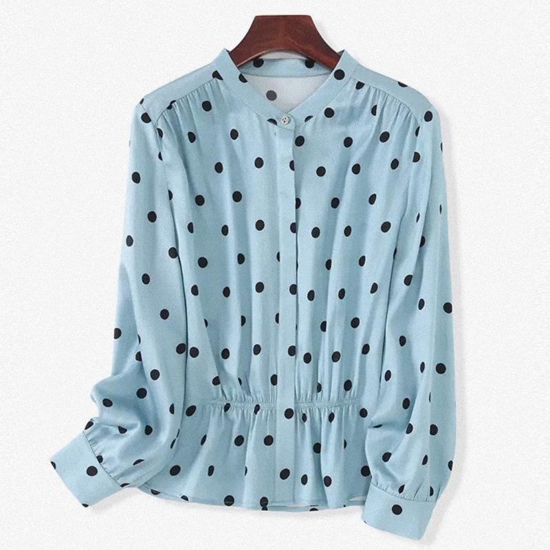 Polka Dot Silk Shirt Women's Summer Stand-up Collar Fashion Waist Mulberry Silk Shirt Cardigan