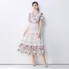 Summer Floral Print Long Dress V Neck Lantern Sleeves Embroidery Design Hollow Out Chic A Line Beachwear Female Dress