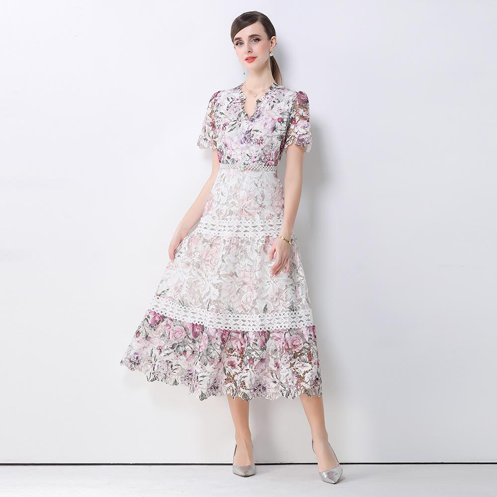 Summer Floral Print Long Dress V Neck Lantern Sleeves Embroidery Design Hollow Out Chic A Line Beachwear Female Dress
