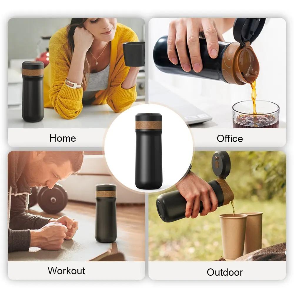 Portable French Press Coffee Mug 304 Stainless Steel 320ml Travel Thermos With Double Filter 8H Hot 12H Cold
