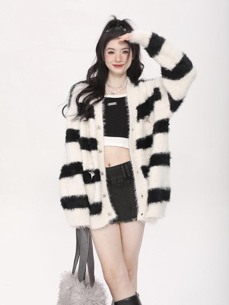 Women's Korean-Style Mink Fur Cardigan Sweater – Loose Fit, Casual Versatile Striped Knit for Autumn/Winter
