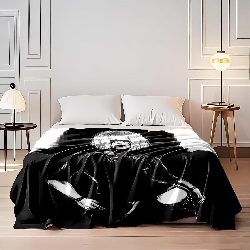 A Stylized Monochromatic Figure with White Hair, Red Lips, and Dark Attire. for All Seasons Blanket Lunch Break Throw Gift