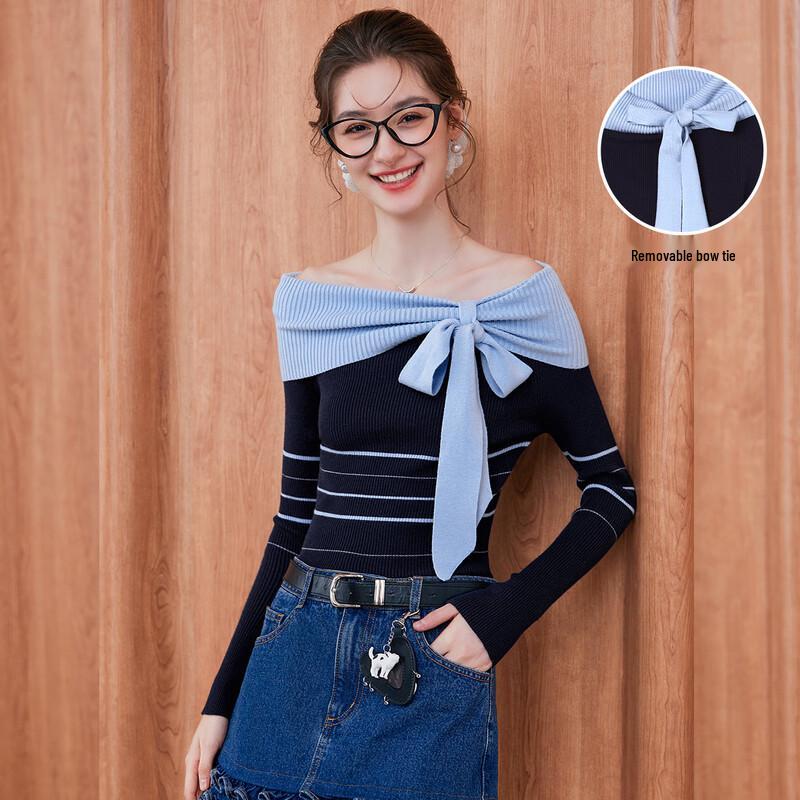 

Women s Elegant Off-Shoulder Striped Knit Top L