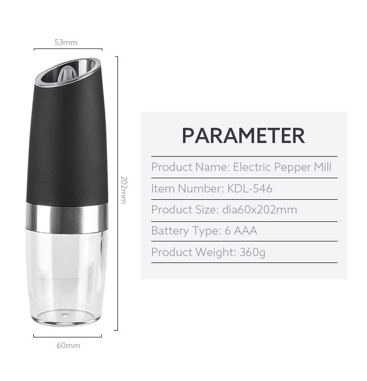Mini chytrý elektrický mlýnek na sůl a pepř s gravitačním senzorem