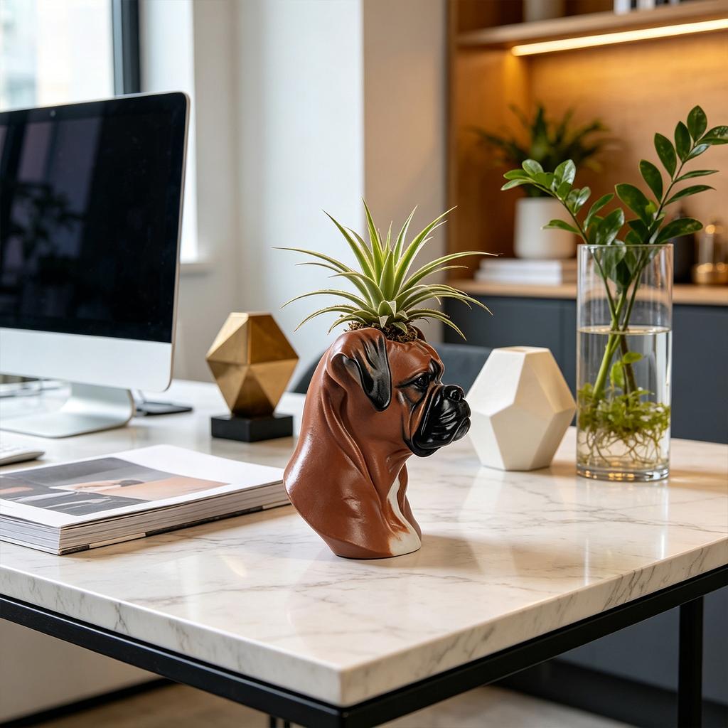 Resin Dog Head Planter Realistic Boxer Dog Sculpture Indoor Outdoor Decorative Pot for Plants and Succulents Unique Animal Shaped Flower Pot