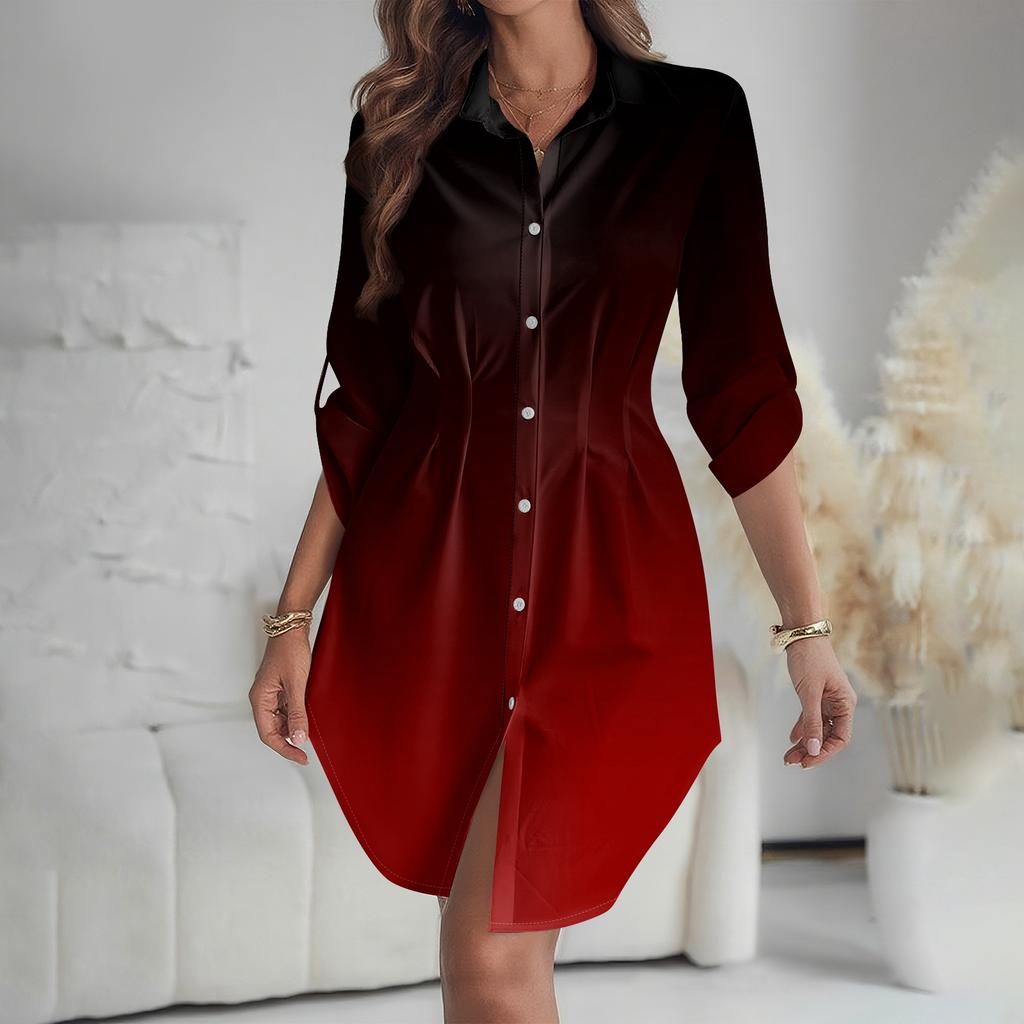 Damen Locker sitzendes V-Ausschnitt Langarmkleid Druck Arbeitshemdkleid