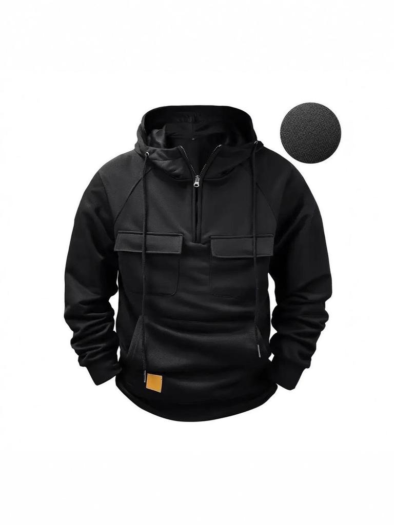 Men's American Retro Fleece Hooded Sweatshirt - Autumn/Winter Multi-Pocket Pullover Jacket