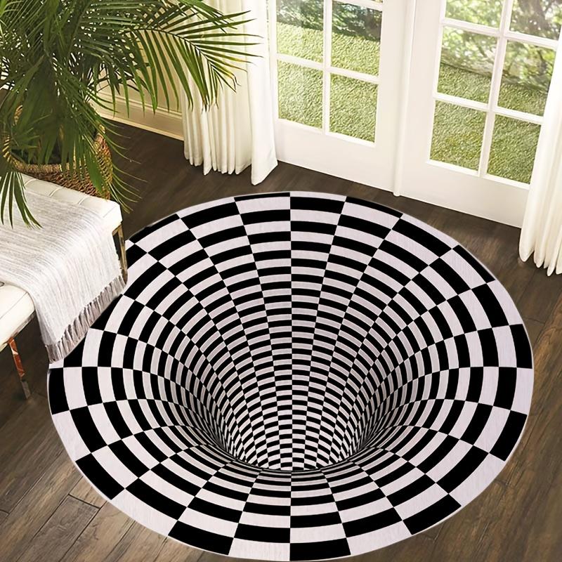Optical Illusion Black & White Checkered Mat, 100% Polyester, Machine-Washable, for Living Room/Coffee Table/Entryway 60cm