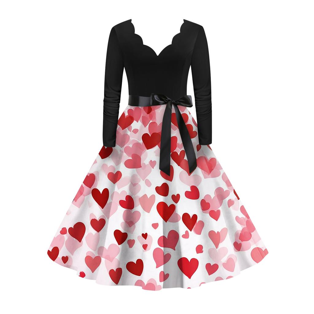 Damska stylowa i elegancka sukienka z długim rękawem, dekoltem w serek w kształcie serca na Walentynki