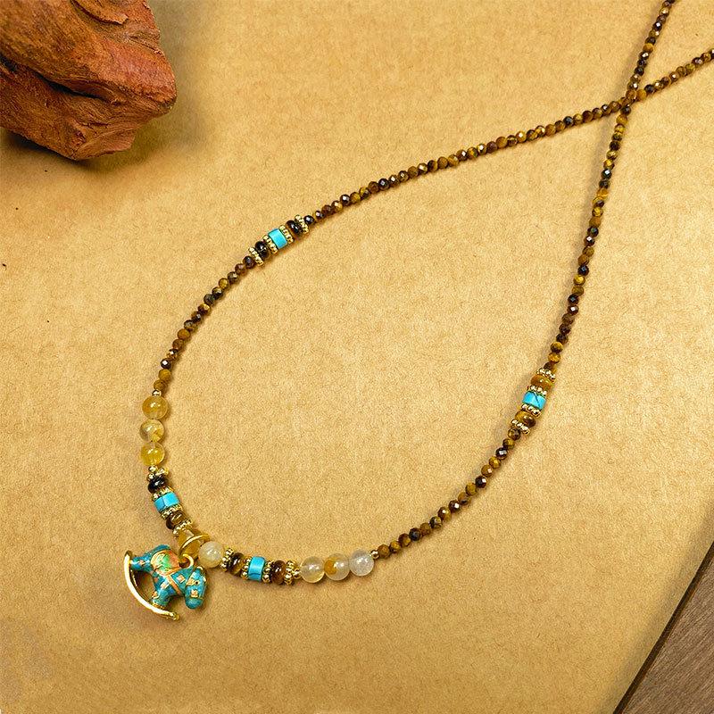Vintage Tiger Eye Stone Necklace with Gilded Rocking Horse Pendant - 2025 Elegant Design Clavicle Chain.