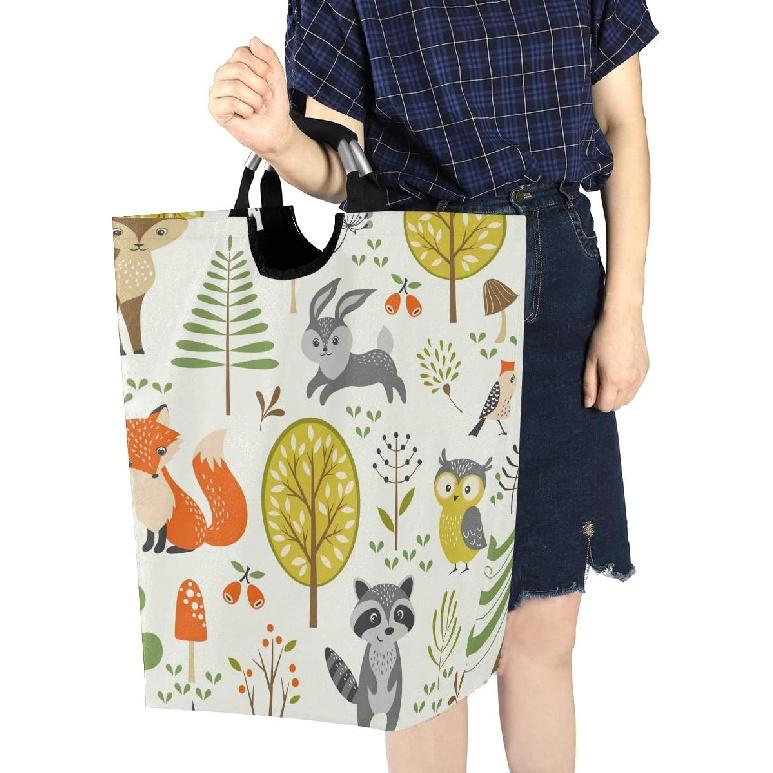 Laundry Hamper Bucket Cute Woodland Animals Trees Mushrooms Berries Collapses Laundry Basket Washing Bin for Home Organizer Nursery Storage Baby
