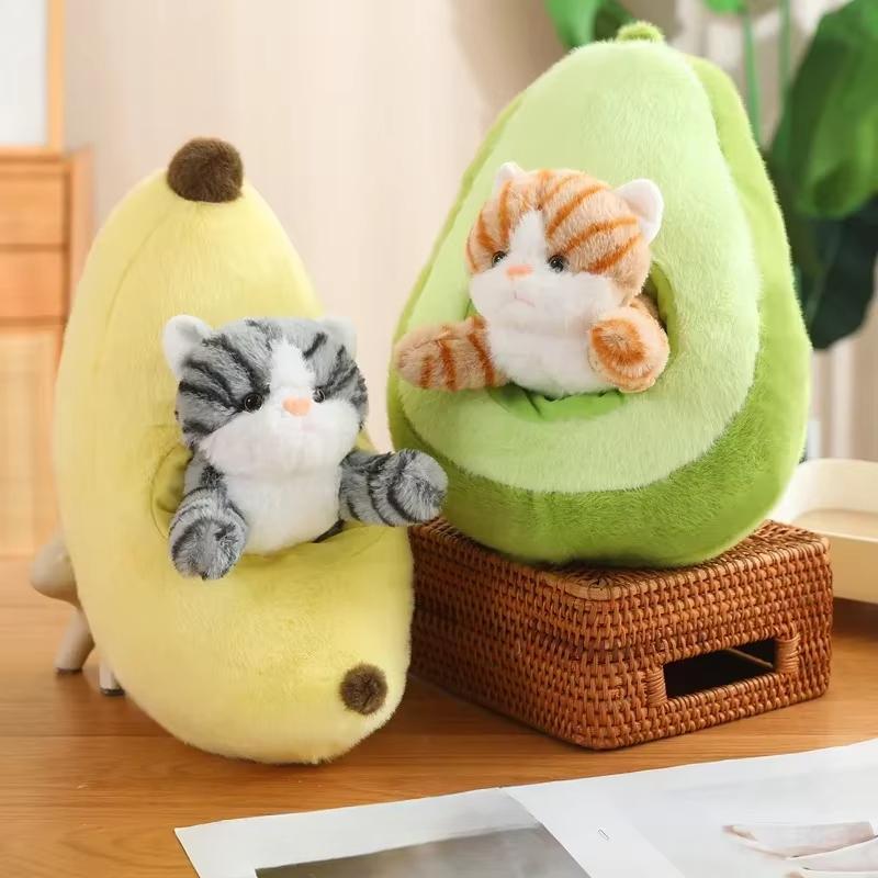 Cartoon Avocado Banana Strawberry Carrot Cat Plush Toy Cute Fruit Kitty Pillow Stuffed Accompany Doll Room Decor Birthday Gift