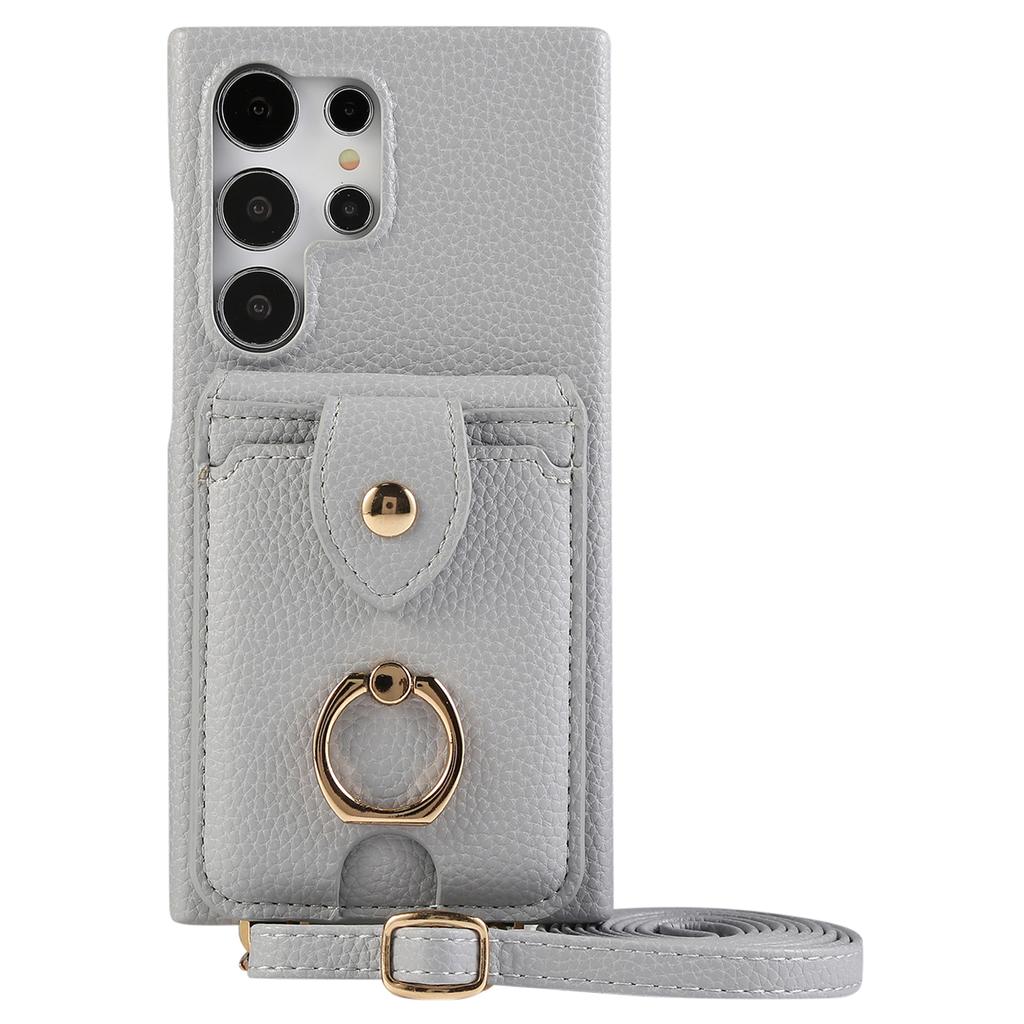 For Samsung Galaxy S24 Ultra Case with Card Holder,Shoulder Strap PC+TPU Ring Kickstand Phone Back Cover