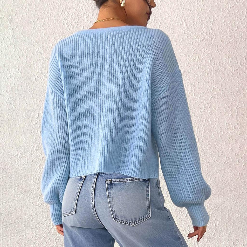 Women's Solid Color Button-Up Cardigan Deep V-Neck Short Loose-Fitting Jacket Casual Top