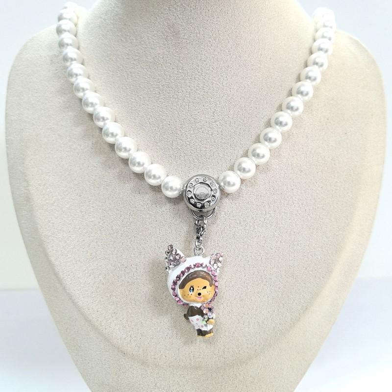 Monchhichi Doll Toys Hanging Pendant Pearl Necklaces Anime Accessiories Cute Necklace Kawaii Collarbone Chain Childrens Day Gift