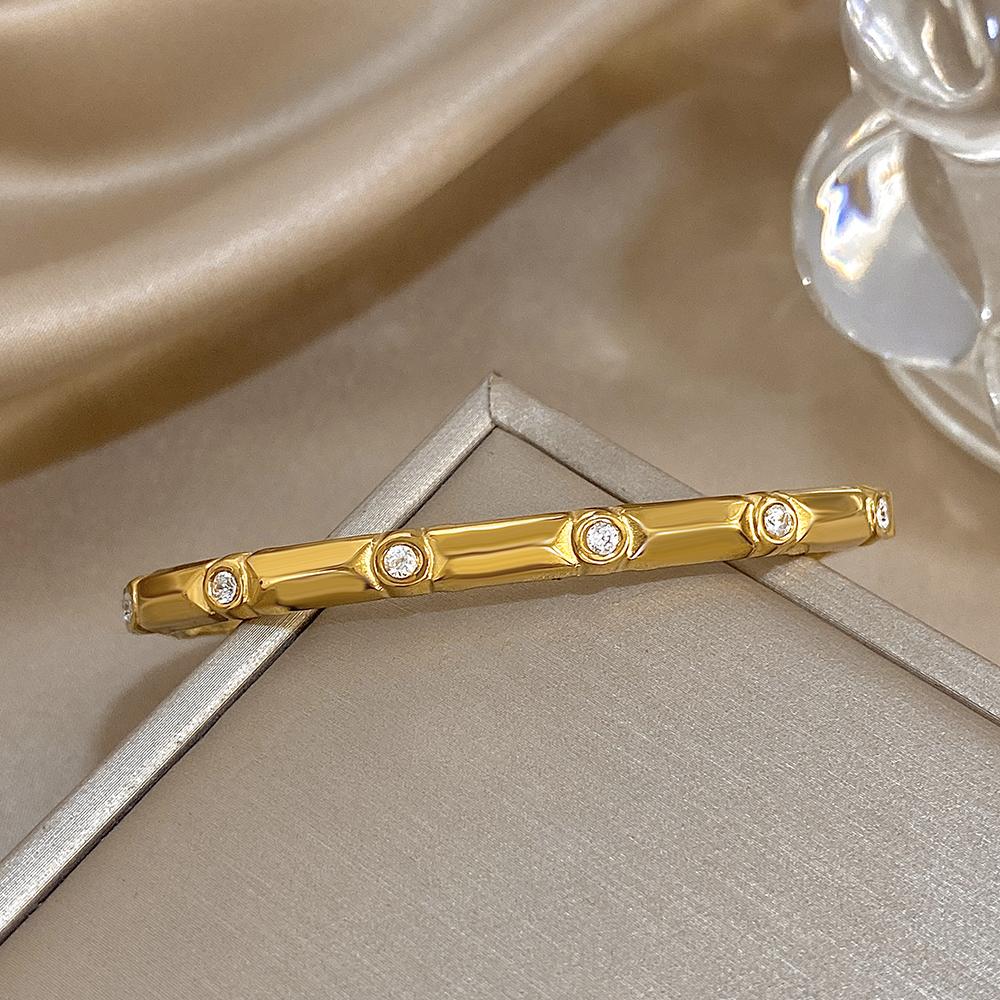 Unique Rhinestone Bamboo Stainless Steel Bracelet for Women Fashion Gold Color Stacked Cuff Bangle Bracelets Waterproof Jewelry