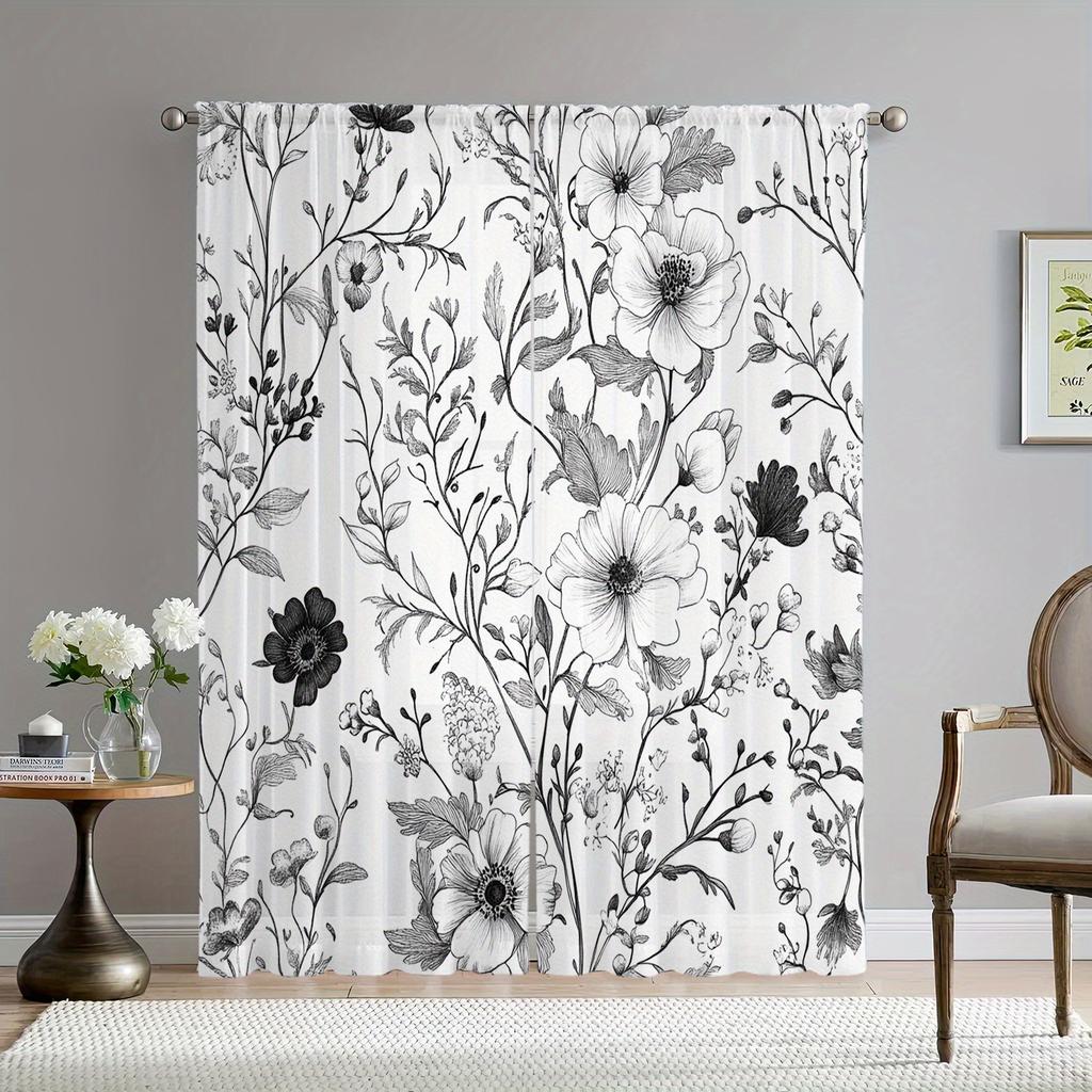 Set Of 2 Black White Floral Print Pattern Curtains Polyester Fabric Suitable Bedroom Living Room Decoration Curtain Perfect For Area