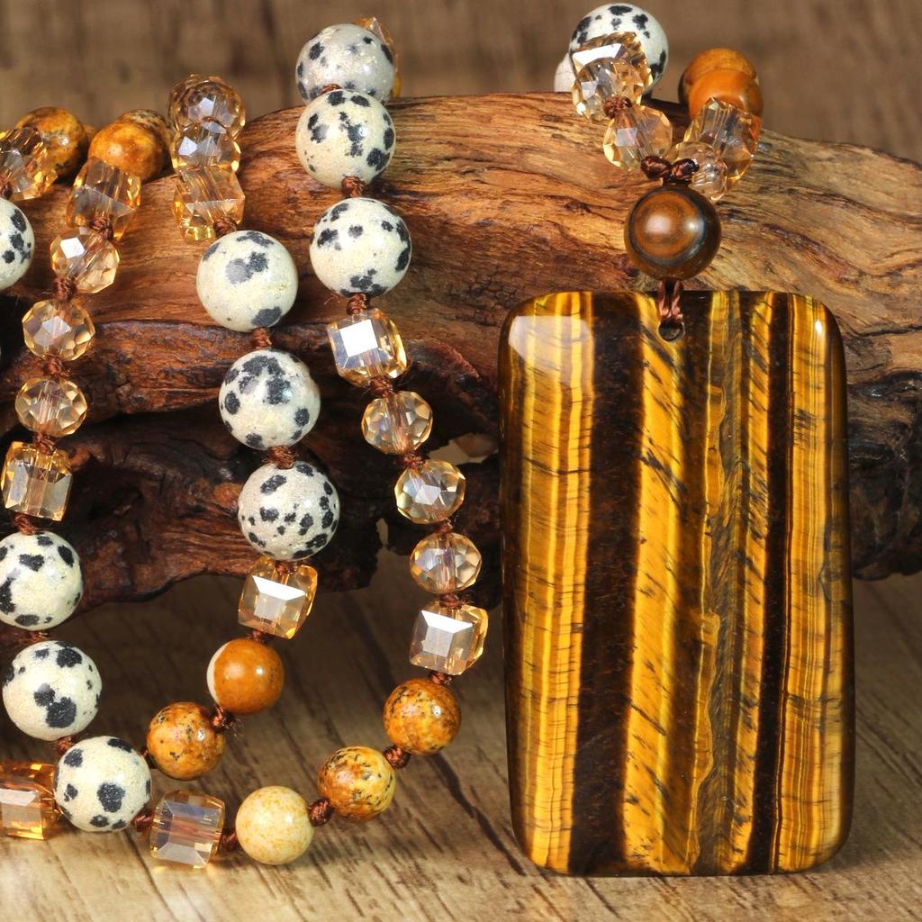 High-End European-American Tiger's Eye Spotted Stone Pendant Necklace for Women – Handmade, Stylish, and Unique