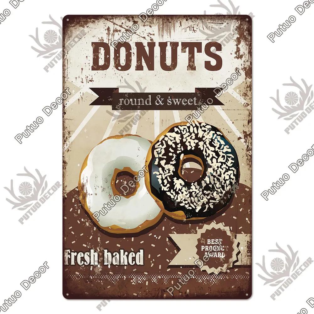Putuo Decor Donuts Dessert Vintage Plaque Metal Plate Tin Sign Wall Art Decor Retro Poster for Kitchen Cafe Home Iron Painting