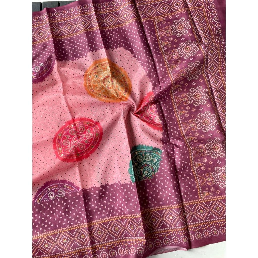 Tissue silk weaving sarees with multi-layared bandhani prints all over the saree, Blouse (Need To Be Stitched As Per Size And Fit)
