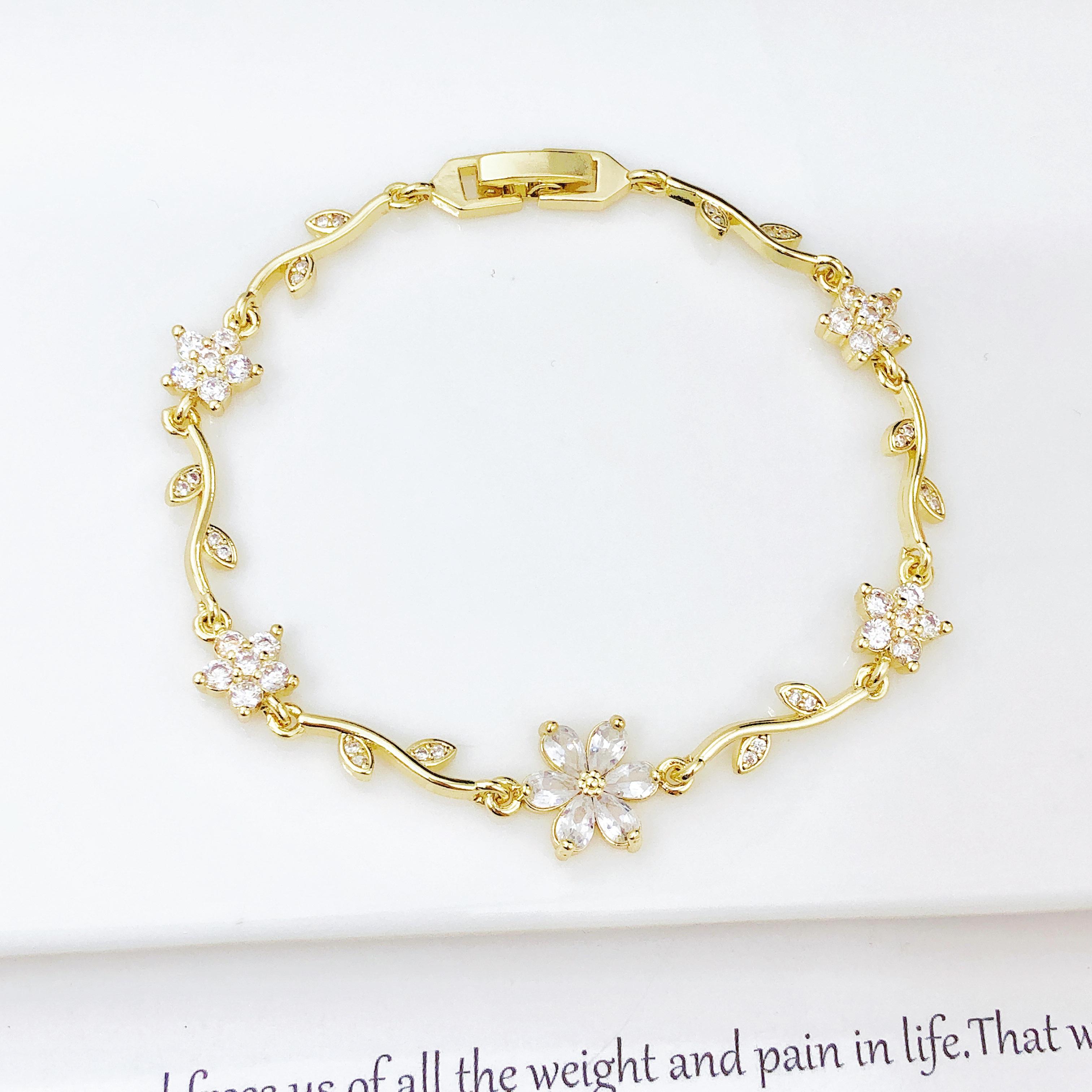 Hot Sale Rhinestone Bowknot Floral Bracelet Gold Plated Crystal Flower Vine Bracelet Fashion Wedding Party Jewelry Gift for Her 18.5cm