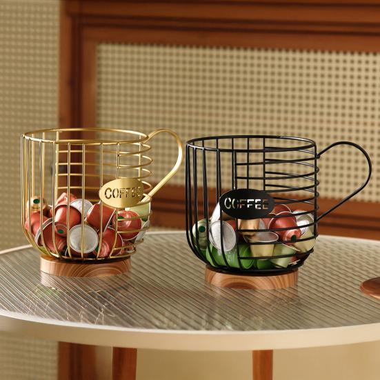 Metal Wire Cup Storage Basket with Wooden Base Coffee Mug Shape Hollow Out Organizer for Home Cafe Bar Countertop Kitchen Decor