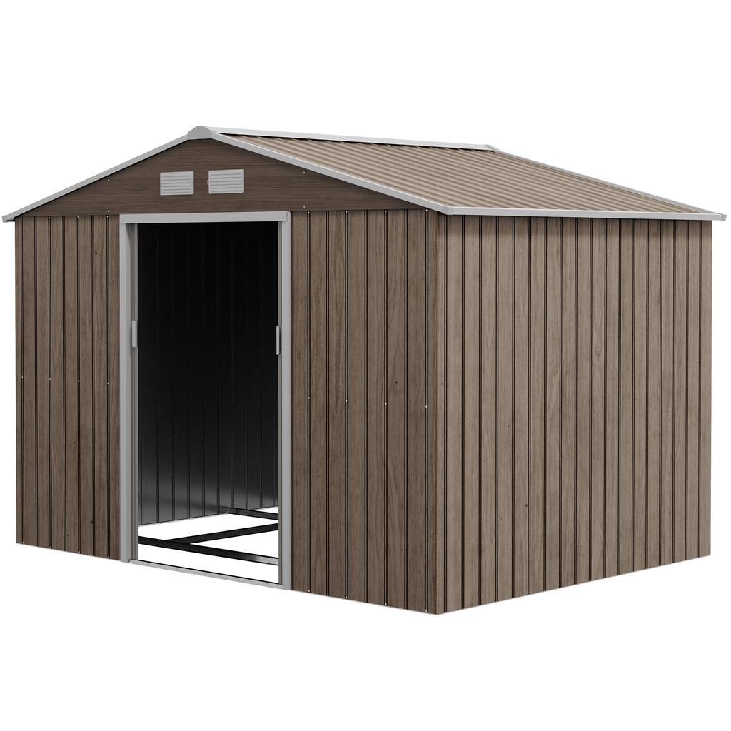 9 X 6ft Garden Metal Storage Shed, Outdoor Storage Tool House with Vents, Foundation and Lockable Double Doors, Brown