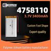LP4758110 Lithium Polymer Battery, 3400mAh, 3.7V Soft Pack Cell.